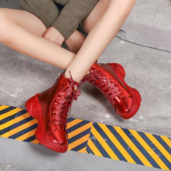 

boots thick-soled sneakers pu high-shoes 2021 casual women pumps high heels lace up female botas plus size 43, Black