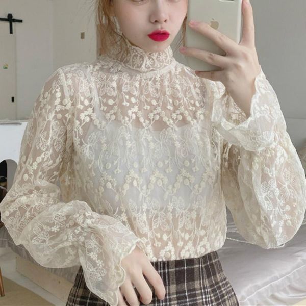 

lace shirt hollow out mesh women fashion high-neck bottoms shirts women's flare long-sleeve sweet autumn clothes blouses &, White