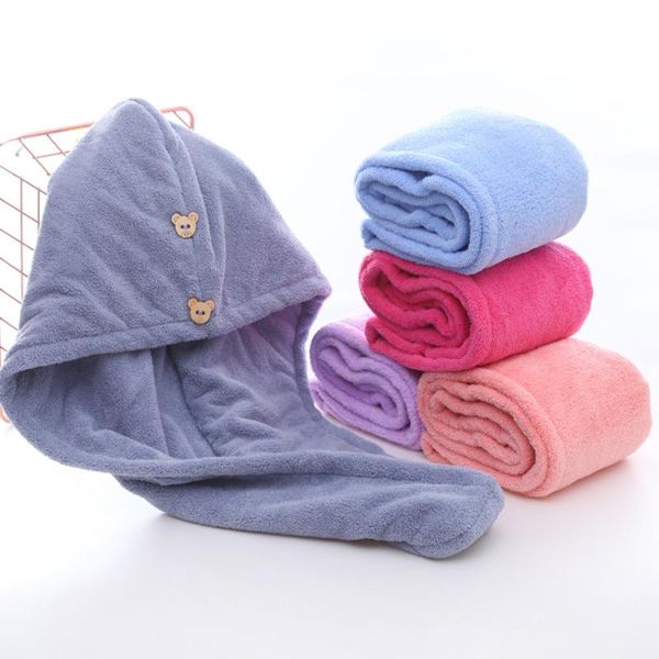 

towel bear button solid color dry hair cap polyester coral fleece simple strong water absorption quick use for bathroom el