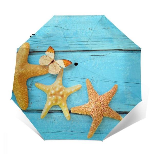 

umbrellas wind resistant fully-automatic umbrella family of starfish on blue wooden rain 3 folding parasol travel car