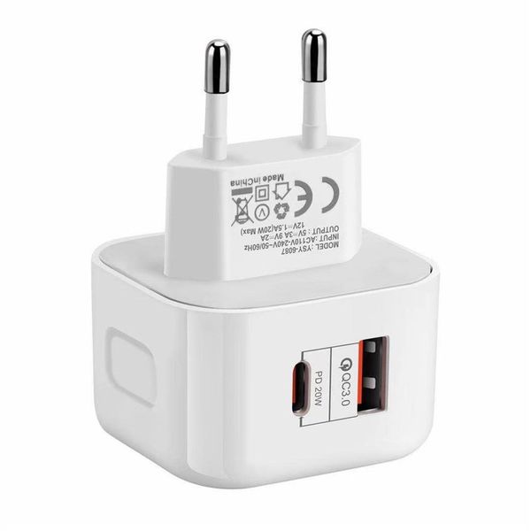 Alta qualidade USB C 20W UE UN UK AC Home Travel PD QC 3.0 Adaptador de carregador de parede para iPhone Samsung Celular