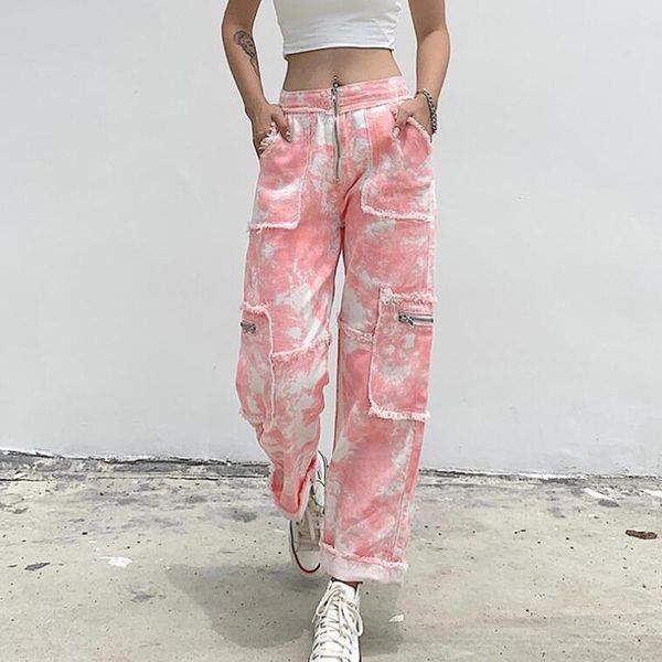 

women tie-dyed jeans fashionable burrs zipper high waist straight pants ankle-length cargo casual trousers women's, Blue