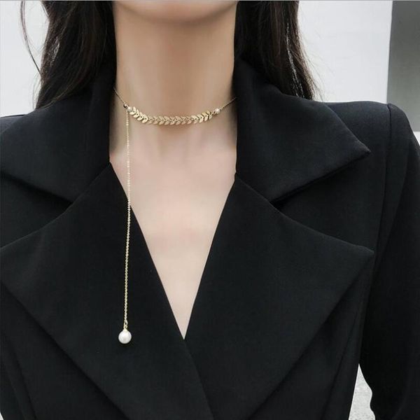 

pendant necklaces pearl choker fairy willow leaf gold chain necklace women jewelry collar ins clavicle neck tide neckband, Silver