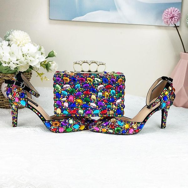 

dress shoes women wedding and bags set multicolored crystal high heels pointed toe ladies party pumps lace-up, Black