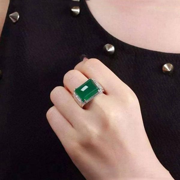 

men classic 925 silver natural green chalcedony wedding engagement rings for women jewelry party gifts cluster, Golden;silver
