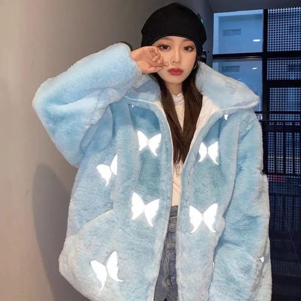 

women's fur & faux reflective butterfly women luxury coat korean fashion collar winter thick warm long sleeve zipper female fluffy jack, Black