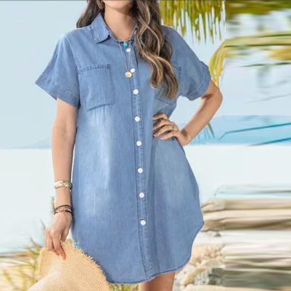 

women's blouses & shirts jean shirt 2021 fashion casual single breasted mid-length summer lapel loose white short-sleeved mom dress