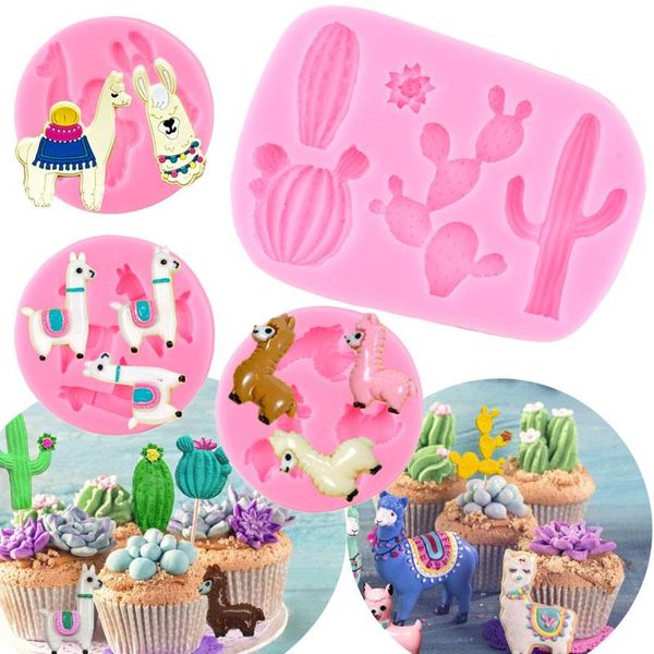 Moldes de cozimento Alpaca Cactus Silicone Mold Bebê Bolo de Aniversário Decoração Ferramentas Moldes DIY Cupcake Topper Fondant Mold Chocolate