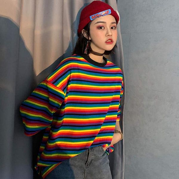 

women's t-shirt summer women t-shirts rainbow striped tee shirts o-neck harajuku loose t shirt woman clothes short sleeve tshirts stree, White