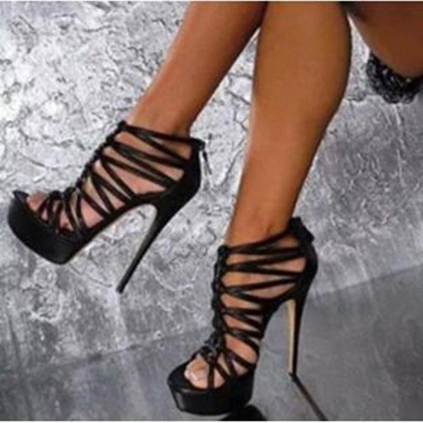

black high heel strap combination of peep-toe sandals fashion women's large size