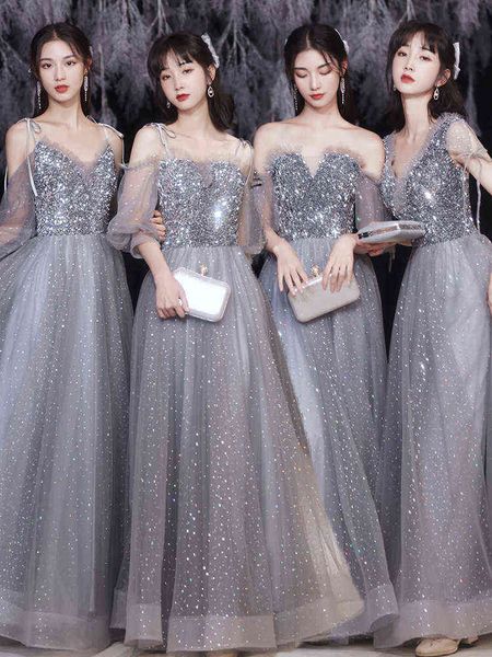 

prom luxury boutique occasion dresses grey bridmaid female 2021 summer sister group evening fairy temperament long style thin, Black