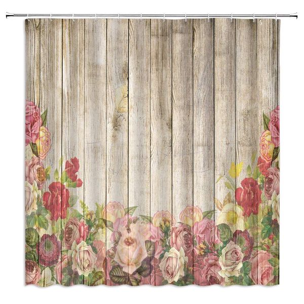 

flower shower curtain vintage rose leaf wooden board rustic spring plants fabric bath curtains bathroom accessories polyester