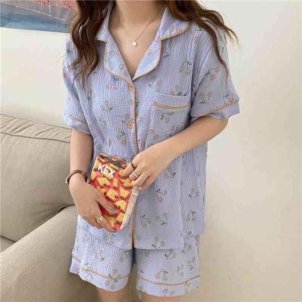 

women's sleepwear comfortable girls thin printing fashion summer femme sweet casual cotton soft loose pajamas sets 4ft3, Black;red