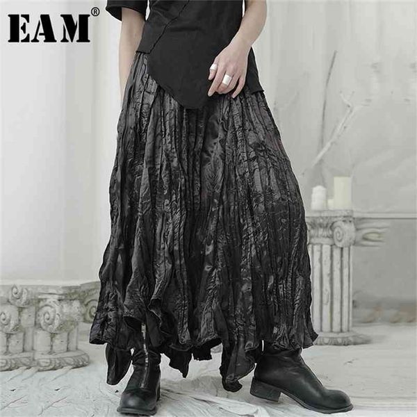 

[eam] high elastic waist black pleated irregular long temperament half-body skirt women fashion spring autumn 1u965 210619