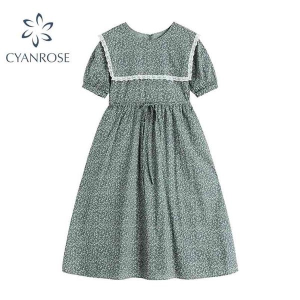 

mori girl korean women's dress summer short sleeve high waist o neck loose boho dresses retro trendy sweet vestidos mujer 210515, Black;gray