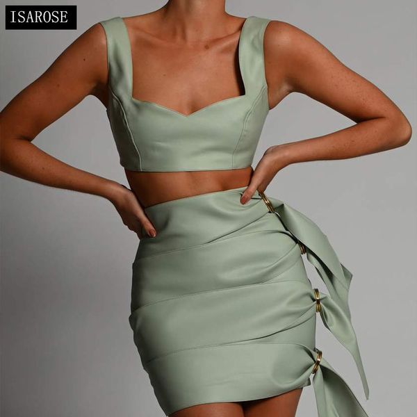 ISAROSE Mode PU Leder Kleid Zwei Stück Sets Sexy Crop Tops Ärmel Bodycon Schlanke Seite Quaste Sommer Mini Kleider 210422