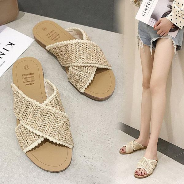 

summer men/women slippers bohemia beach ladies home shoes flax straw big size family thick soles non-slip flat, Black