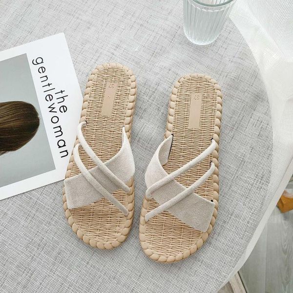 

slippers wear female 2021 summer fashion women crossing a sentence straw bottom non-slip sandals adult, Black