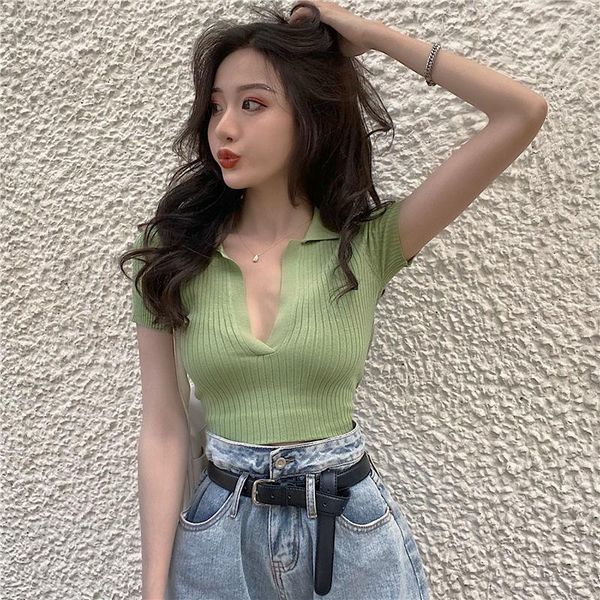 

women's t-shirt woman tshirts summer v-neck short-sleeved sweater for women crop mujer camisetas, White