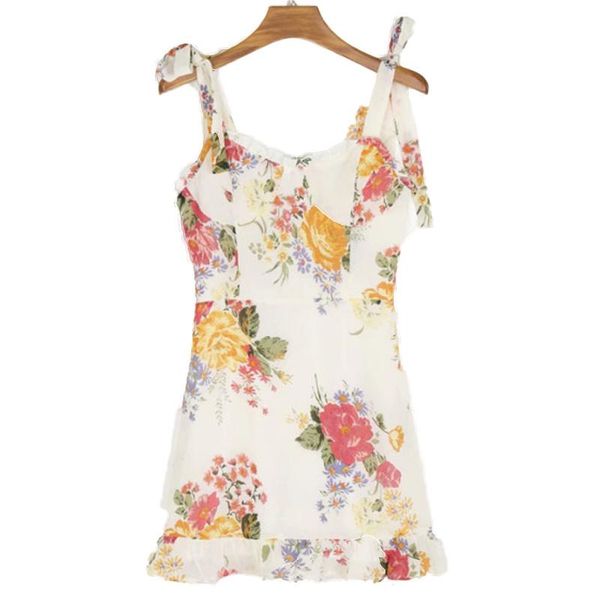 

casual dresses onebling summer women's floral print ruffled slim sling female dress vintage adjust spaghetti strap vestidos, Black;gray