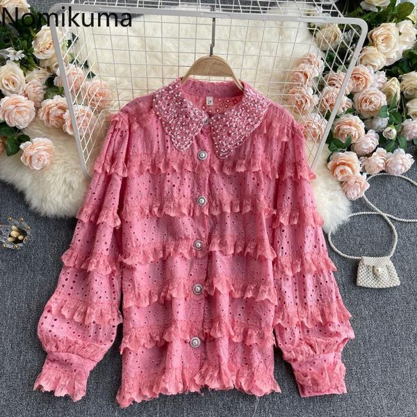 

nomikuma korean ruffle lace shirt korean beads turn-down collar puff sleeve blouse causal puff sleeve elegant blusas femme 6g273 210427, White