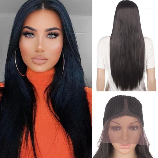 

yunrong 30'' long silky straight hair lace front wig with natural hairline glueless heat resistant fiber synthetic wigs1, Black