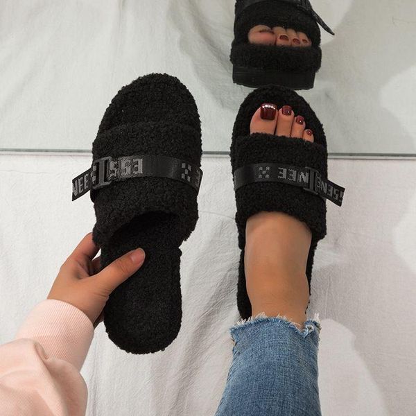 

flat-heel women korean winter solid color fashion daily home plush slippers foreign trade plus size women's shoes, Black