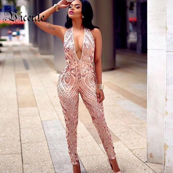 

women's jumpsuits & rompers 2021 fashion elegant shimmer sequined sleeveless deep vneck celebrity party wholesale women jumpsuit, Black;white