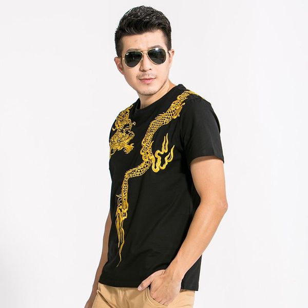 

men's t-shirts chinese style fashion trend casual summer half-sleeved nightclub plus size boys clothes dragon embroidery ethnic t-shirt, White;black