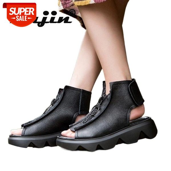

fujin women sandals platform shoes summer leather zipper chunky sports vintage retro #c136, Black