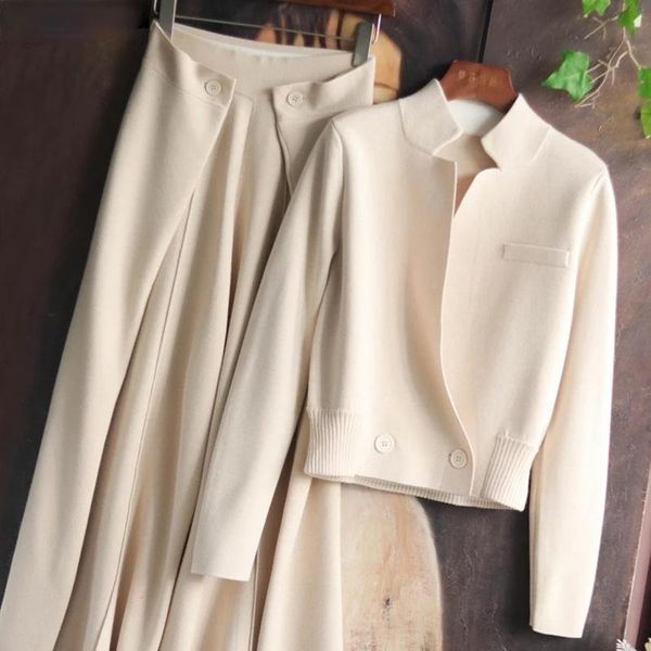 

autumn lapel knitted sweater cardigan coat wool + wide leg pants two piece set casual elegant fashion korea women's, White