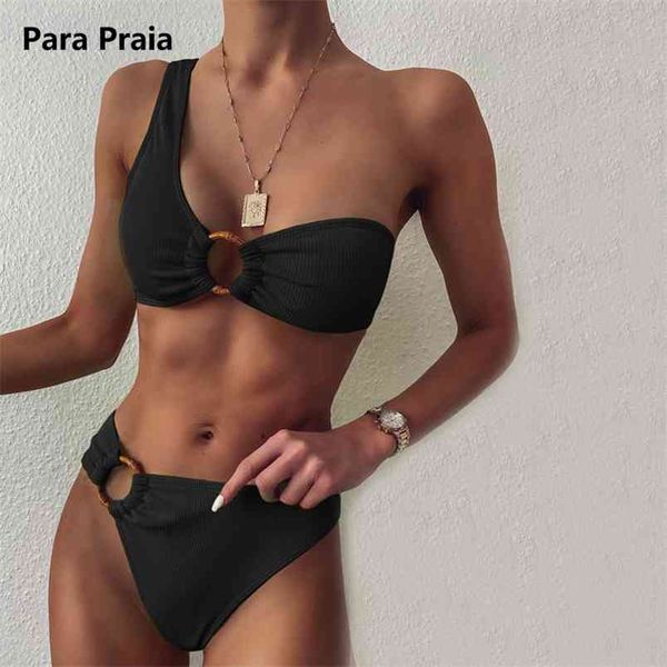 

para praia one shoulder cut out bikini set women ring bandeau swimwear woman push up two piece swimsuit summer 210619, White;black