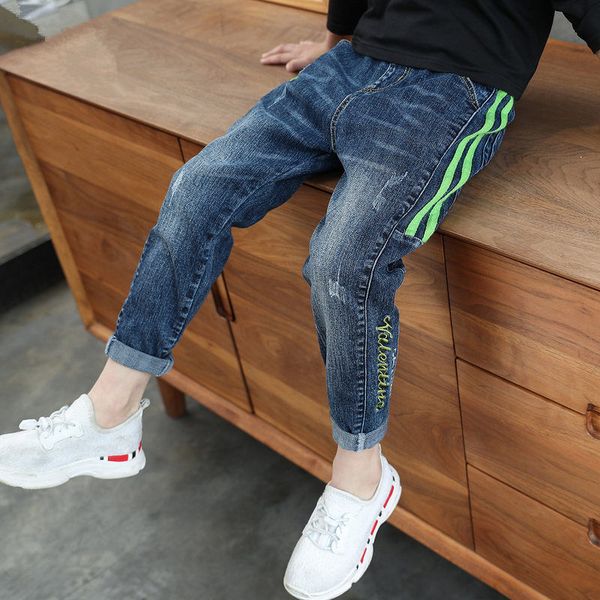 

ins boys jeans 4-13 years old cotton washed kids jeans korean pocket letters pants for baby boys jeans kids 7 colors options, Blue