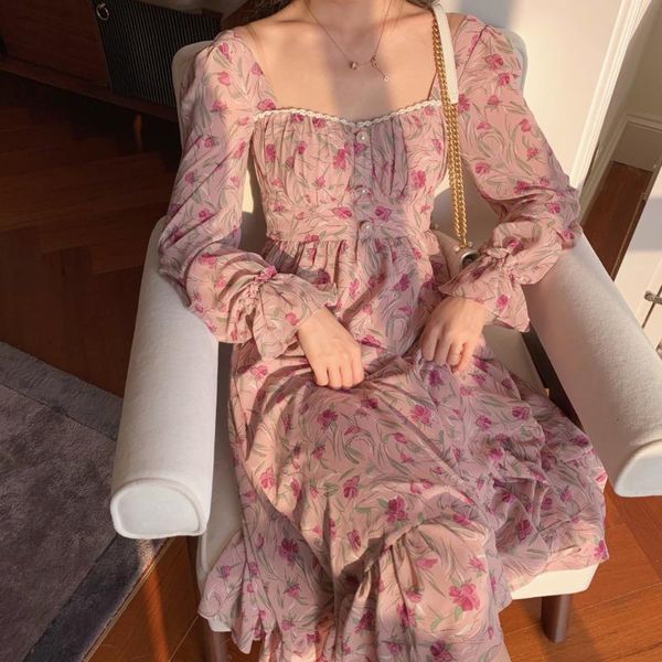 

casual dresses elegant vintage floral print chiffon long women buttons slim waist vacation boho beach robe longue vestido es vhyx, Black;gray