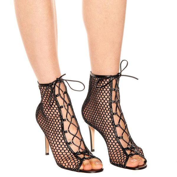 

sandals gladiator summer cool boots open toe breathable mesh strappy stiletto thin heels shoes woman, Black