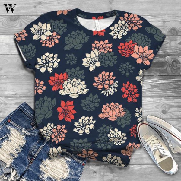 

women's t-shirt womail lotus flowers print t-shirts women 2021 summer clothes short sleeve girls tshirts graphic round neck oversized, White