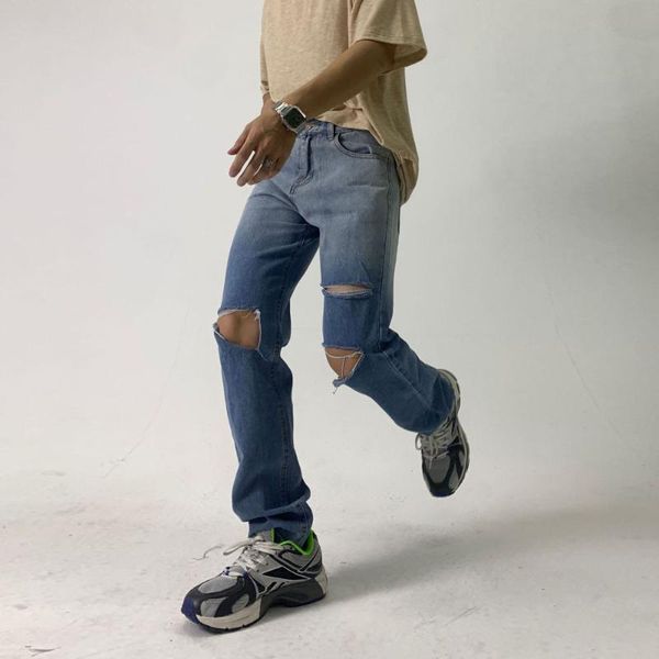 

men's jeans gradient vibe style broken hole straight casual denim beggar pants for men women streetwear hip hop vintage trousers, Blue