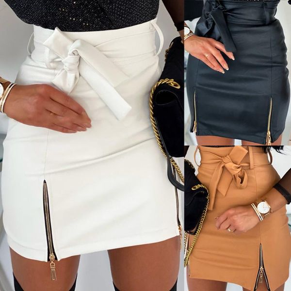 

skirts arrival 2021 fashion high waist pu leather women skirt sashes zipper pencil mini length autumn winter white black khaki
