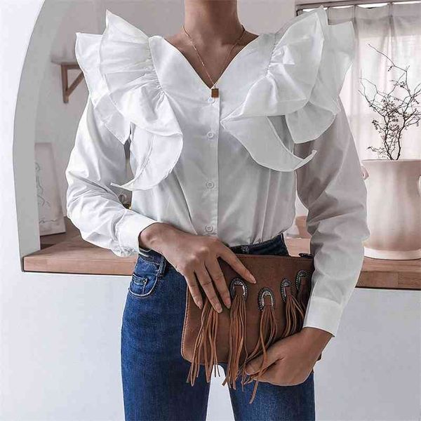 

autumn white vintage shirt blouses for women blouse with v neck ruffles casual white women's clothing 210517