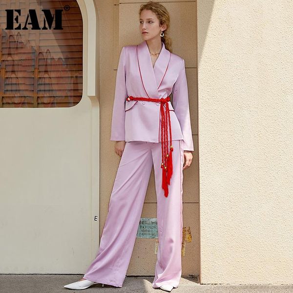 

[eam] wide leg pants bandage two piece suit v-collar long sleeve black loose fit women fashion spring autumn 2021 1dd8055 women's, White