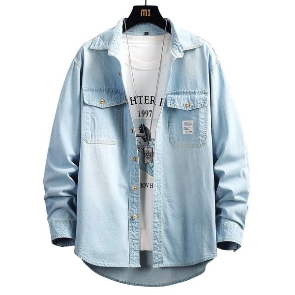 

men's casual shirts spring autumn loose denim single-breasted shirt classic long sleeve blue jean cotton blouse top, White;black
