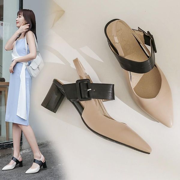 

sandals korean elegant ladies slingback shoes women summer pu leather covered toe block high heels belt buckle big size 45 46 47, Black