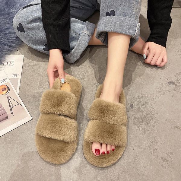 

slippers female shoes low flock fringe womens outdoor luxury slides fur flip flops 2021 flat designer plush fashion rubber with, Black