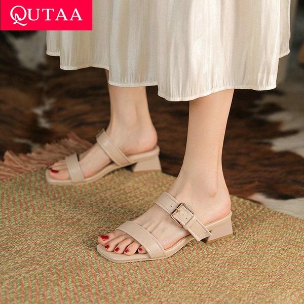 

sandals qutaa 2021 genuine leather round toe female slides square heel slingback women shoes summer casual slip on size 34-43, Black