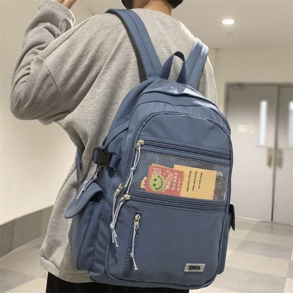 Unisex Grande Capacidade Alunos Backpack Coreano Cor Pura Meninos Meninas Campus Estilo Schoolbag Nylon À Prova D 'Água Viagem Bag Moda 210929