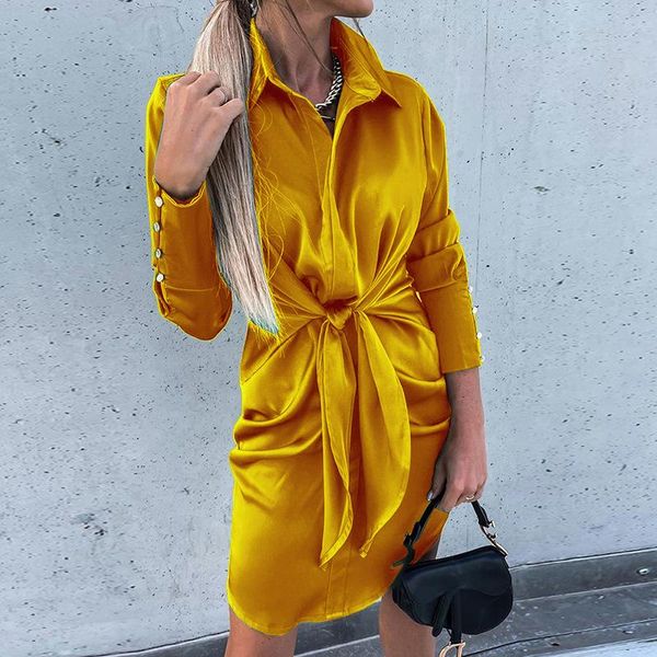 Abiti casual Primavera Autunno Moda Donna Colore puro Elegante Camicia sexy con lacci in raso Abito a maniche lunghe Colletto rovesciato Aderente Giallo D