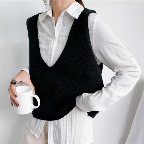 

women's vests lanmrem 2021 spring solid color pullover knit vest for women loose short style korean temperament waistcoat pc431, Black;white