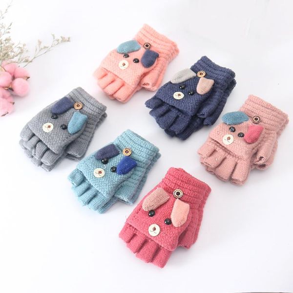 

five fingers gloves kids half-finger warm mittens 1 pairssoft thicken imitation cashmere cartoon knitted lovely animal, Blue;gray