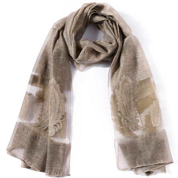 

scarves silk scarf shawl feather design plume lurex wrap hijab stole transparent spring summer autumn winter soft long fashion sky brass, Blue;gray