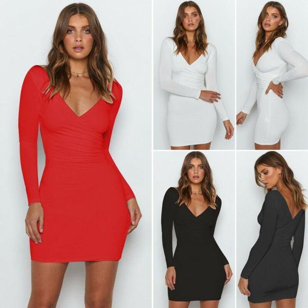 

women dress sxey deep v long sleeve bodycon party club evening mini autumn basic dresses casual, Black;gray